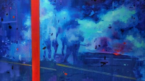 abstract painting of people walking down the middle of the street at night with fog, confetti, or smoke